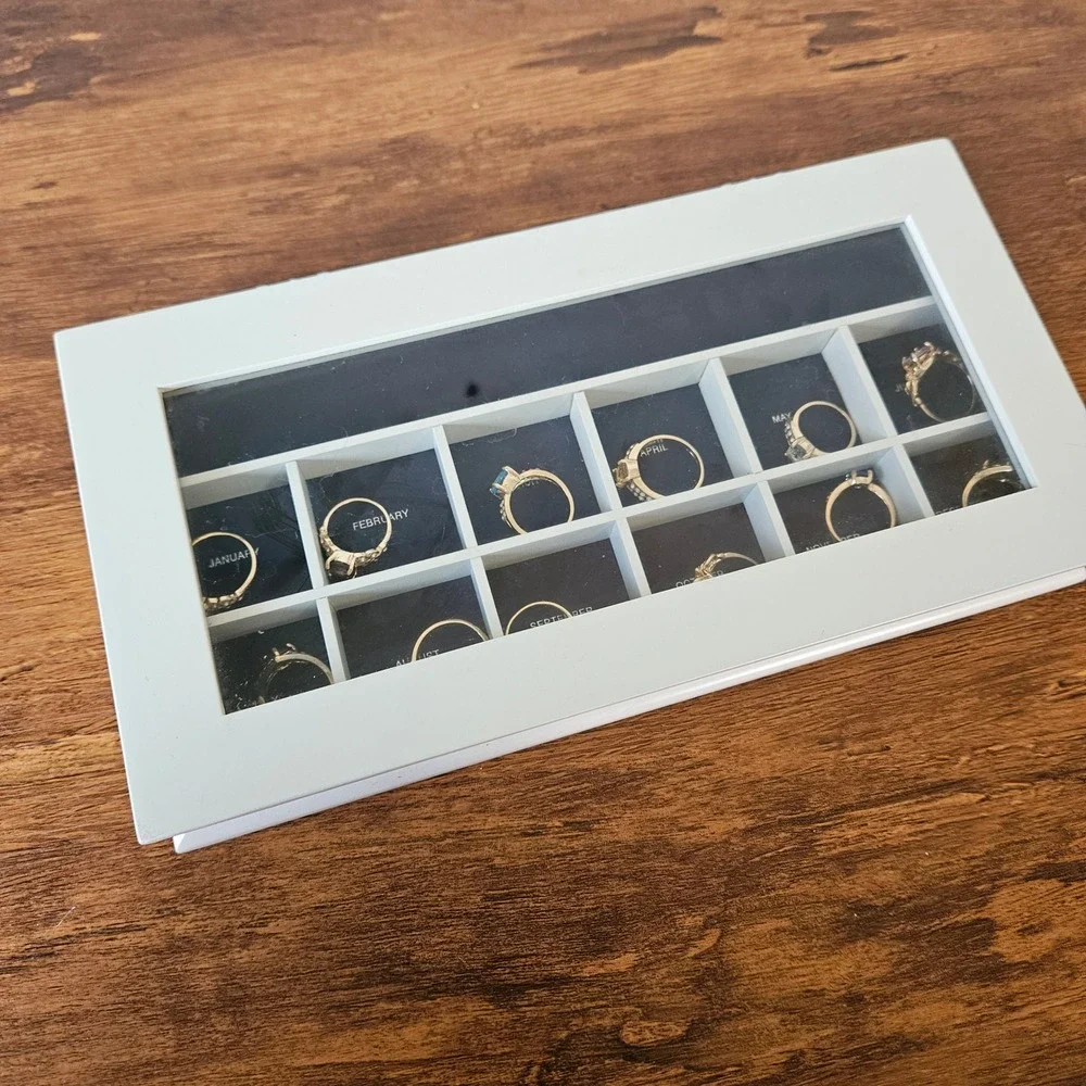 12 Piece Birthstone Ring Set 6, 7, 8, with White Wooden Glass Display Case Box